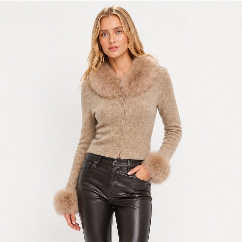 Loba Tan Cropped Cardigan Faux Fur Collar Cuffs XS Wool Blend Sweater Old Money